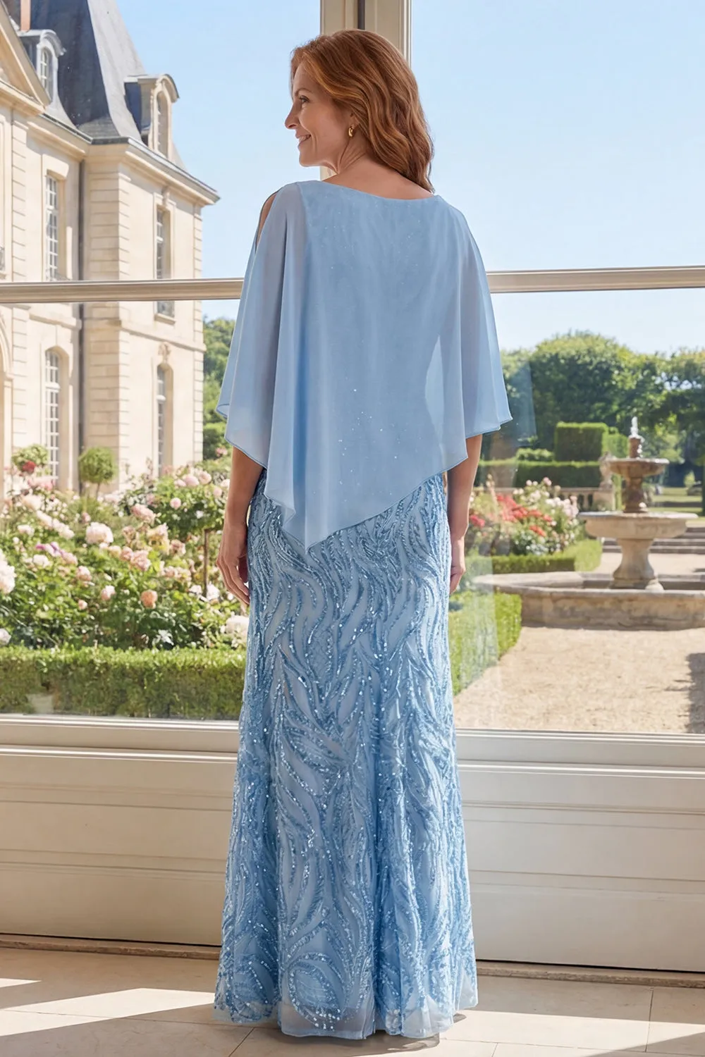 Light Blue Appliqued A Line Mother of the Bride Dress with Cape Sleeves sold by Wedtrend product image thumbnail 2