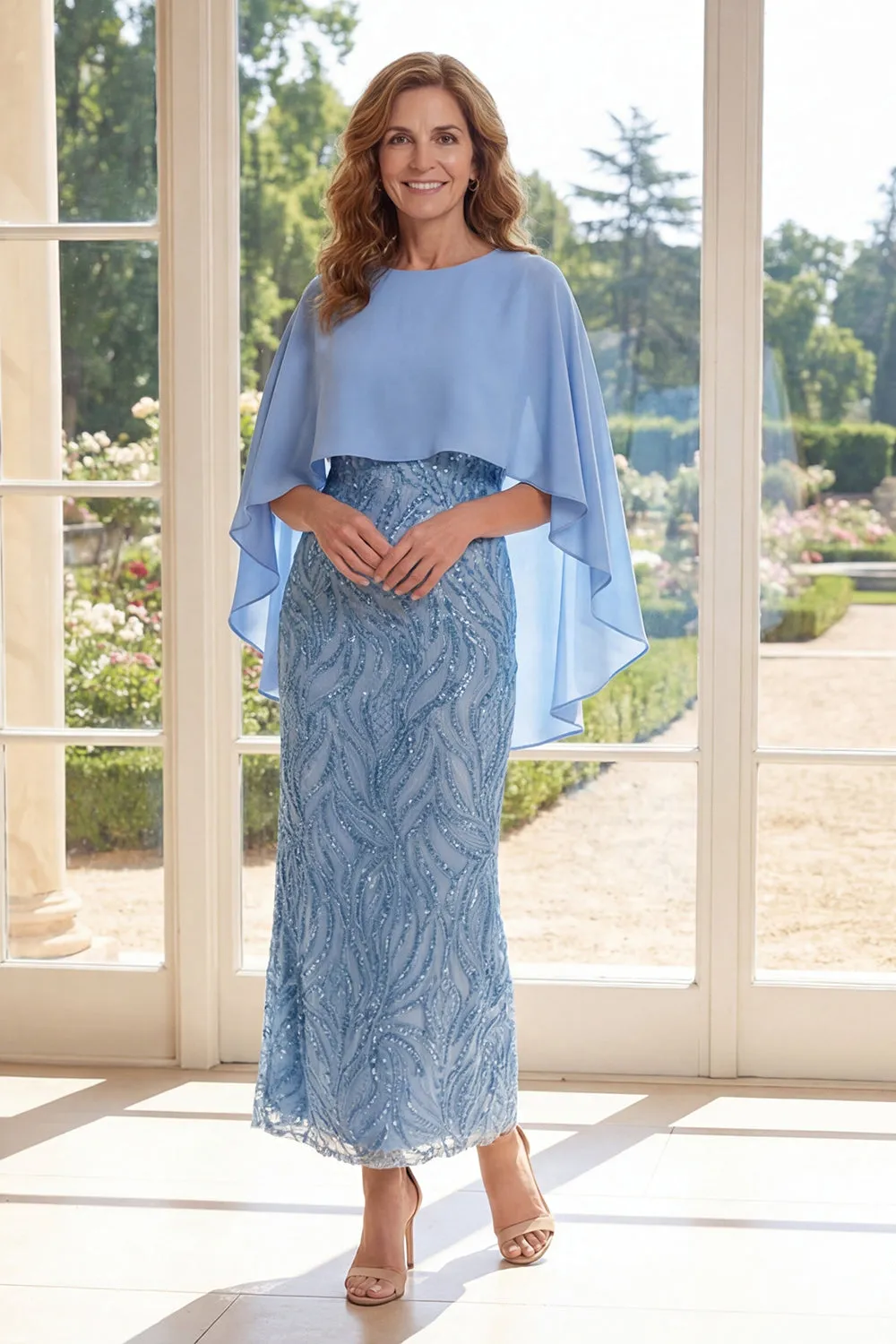Sheath Appliqued Light Blue Mother of the Bride Dress with Cape Sleeves sold by Wedtrend