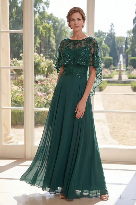 Dark Green Appliqued A Line Mother of the Bride Dress with Cape Sleeves made by Wedtrend
