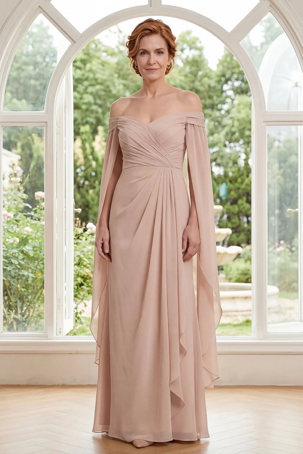 Champagne A Line Off The Shoulder Ruched Maxi Dress with Cape Sleeves sold by Wedtrend