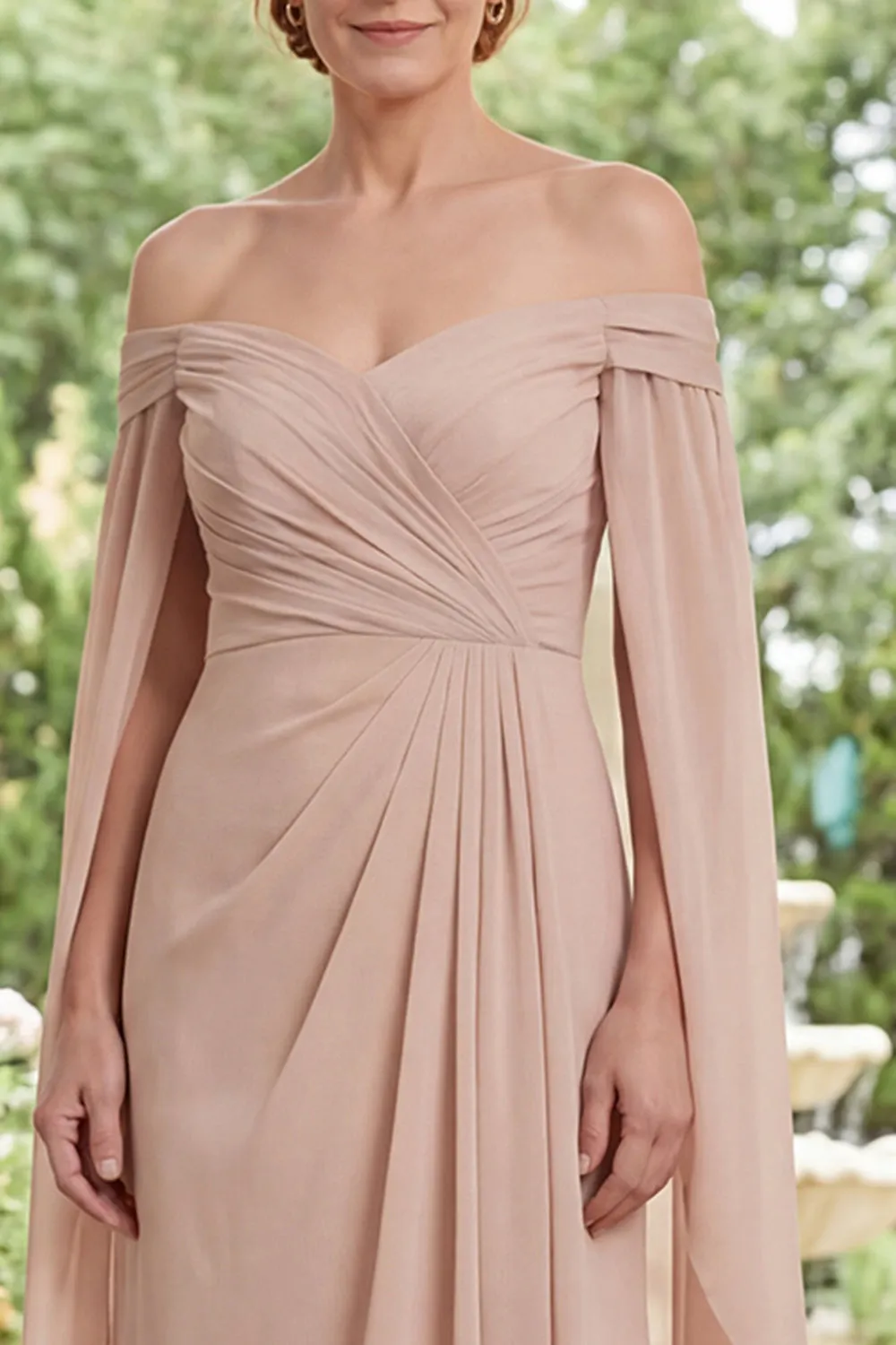 Champagne A Line Off The Shoulder Ruched Maxi Dress with Cape Sleeves sold by Wedtrend product image thumbnail 3