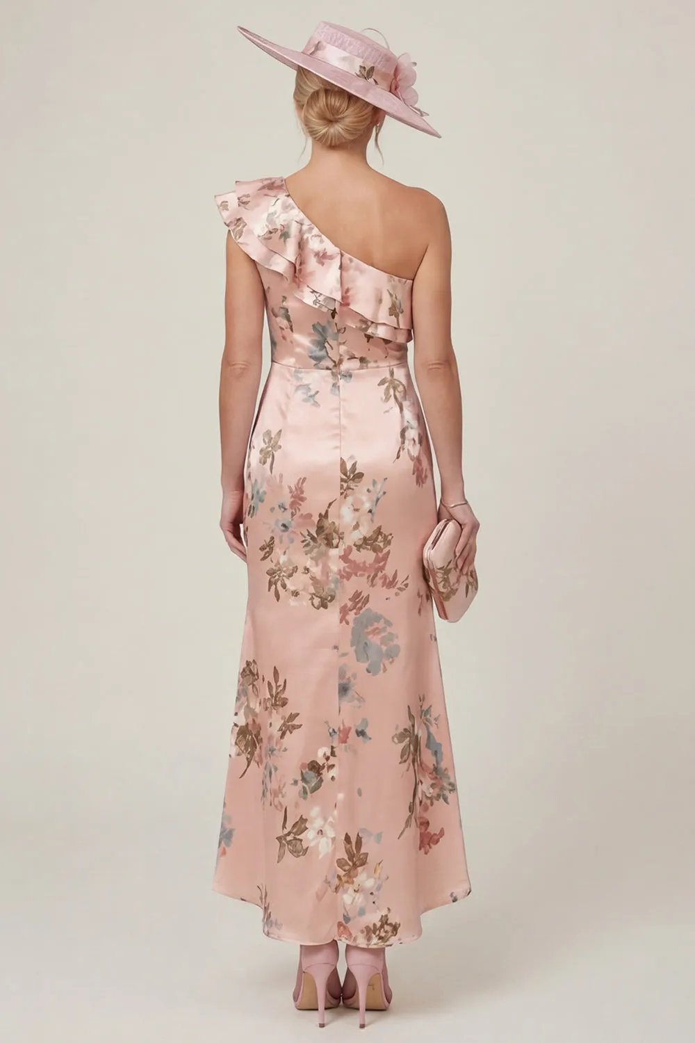 Dusty Rose One Shoulder Ruffled Mermaid Floral High-Low Mother of the Bride Dress sold by Wedtrend product image thumbnail 2