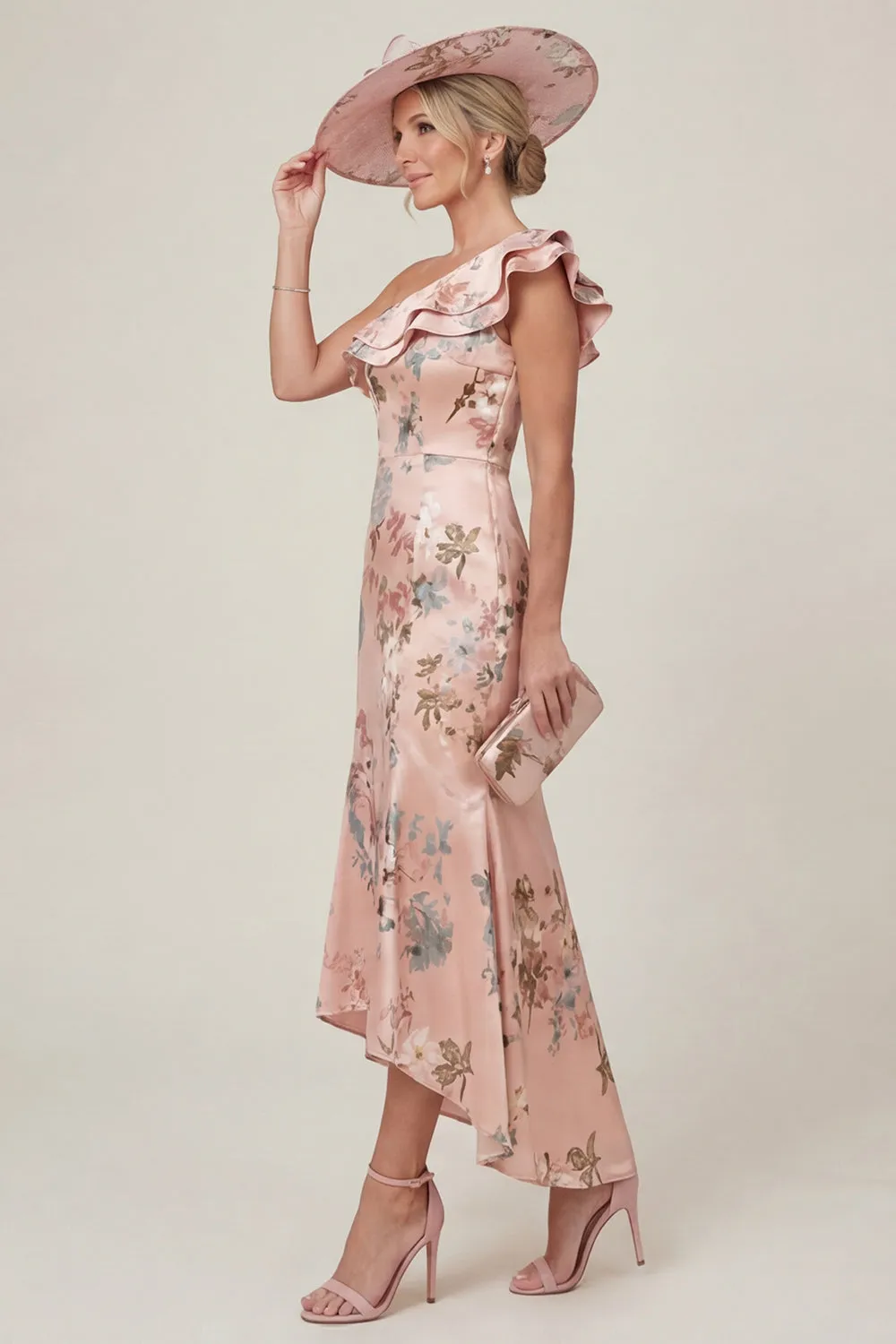 Dusty Rose One Shoulder Ruffled Mermaid Floral High-Low Mother of the Bride Dress sold by Wedtrend product image thumbnail 3