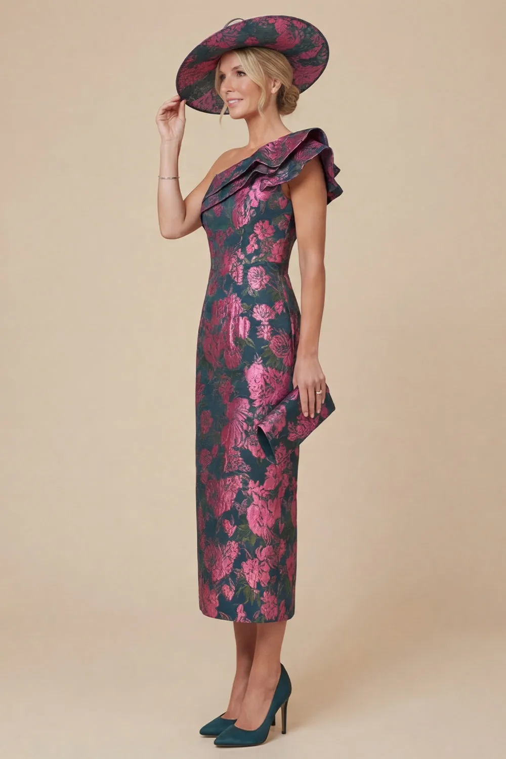 Fuchsia Sheath Floral One Shoulder Ruffled Midi Mother of the Bride Dress sold by Wedtrend product image thumbnail 3