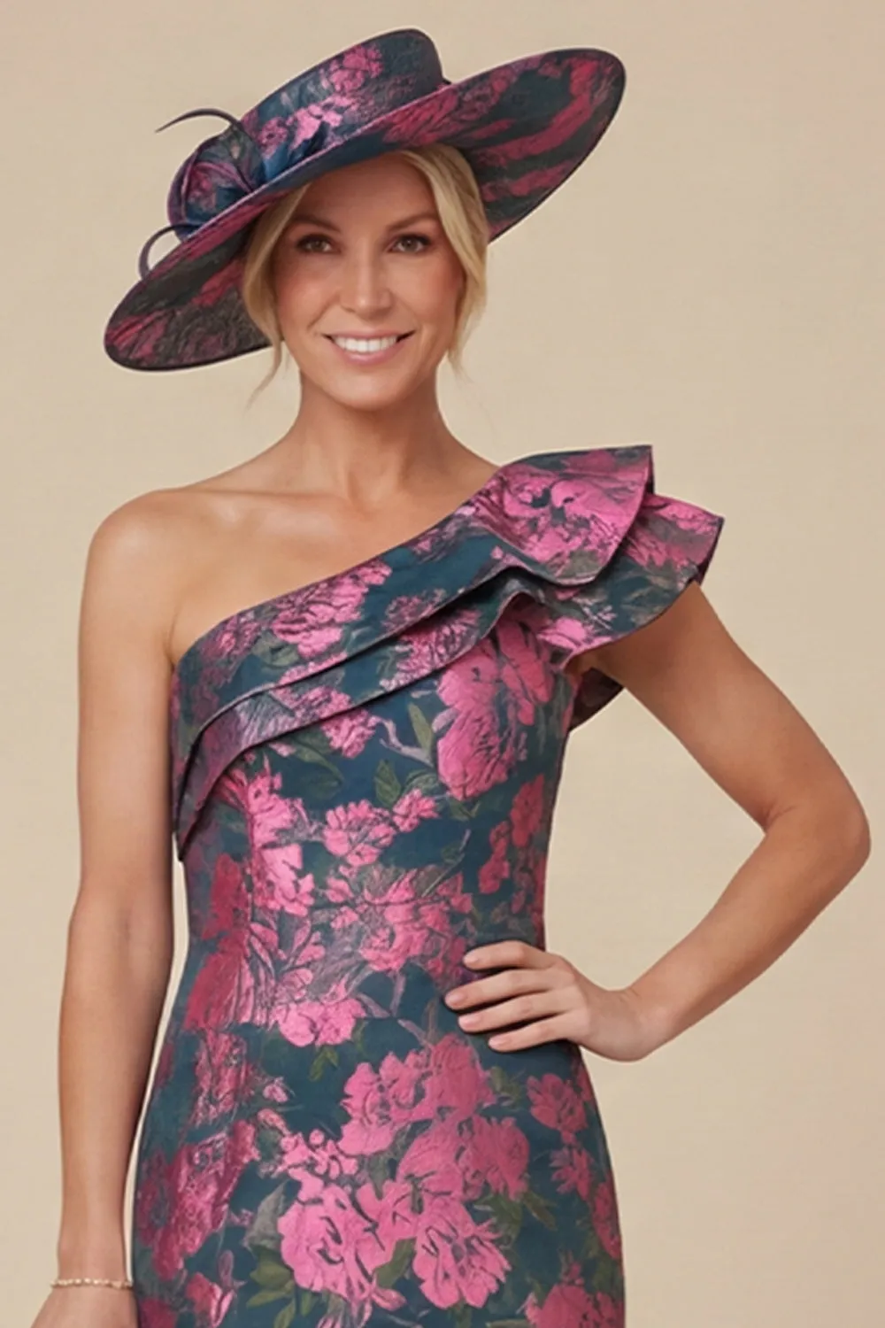 Fuchsia Sheath Floral One Shoulder Ruffled Midi Mother of the Bride Dress sold by Wedtrend product image thumbnail 4