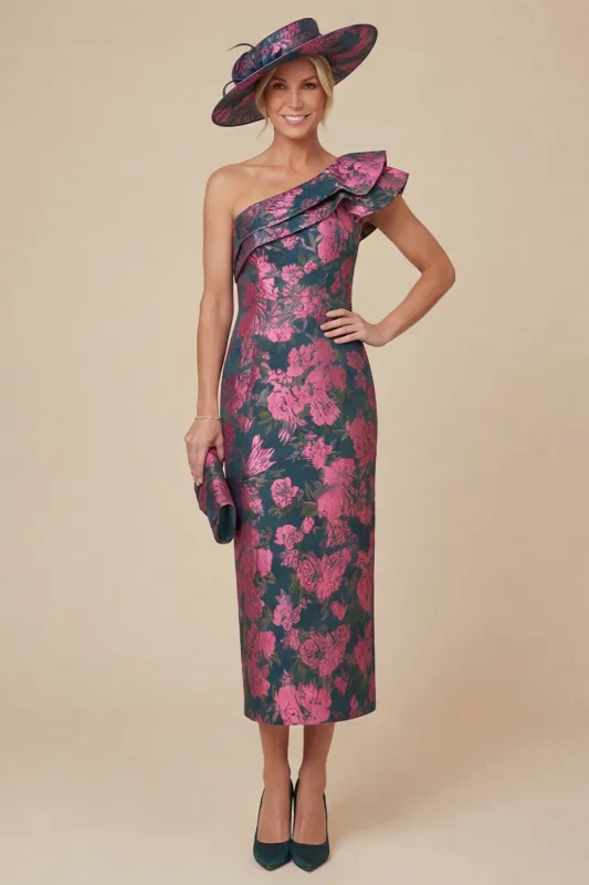 Fuchsia Sheath Floral One Shoulder Ruffled Midi Mother of the Bride Dress made by Wedtrend