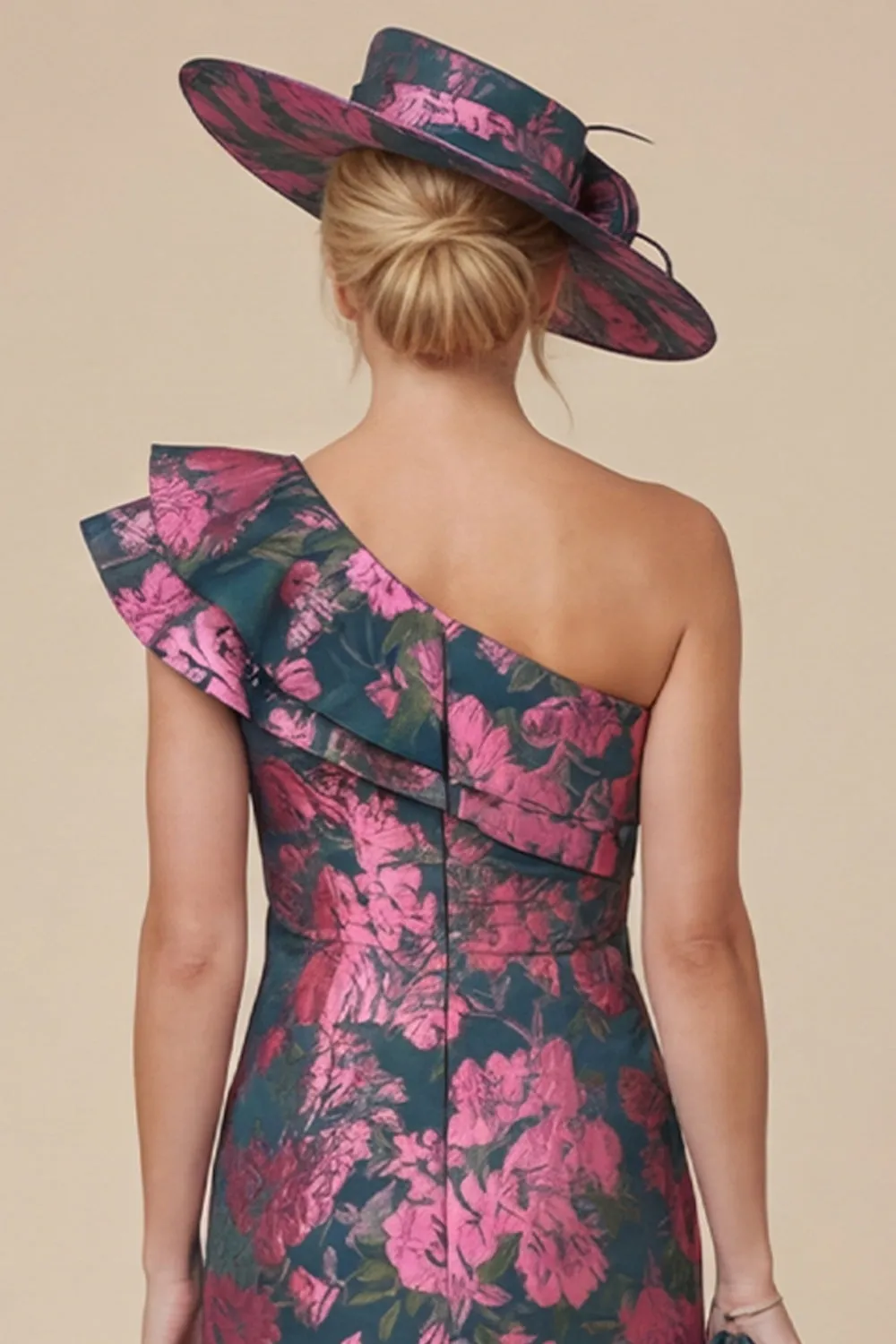 Fuchsia Sheath Floral One Shoulder Ruffled Midi Mother of the Bride Dress sold by Wedtrend product image thumbnail 5