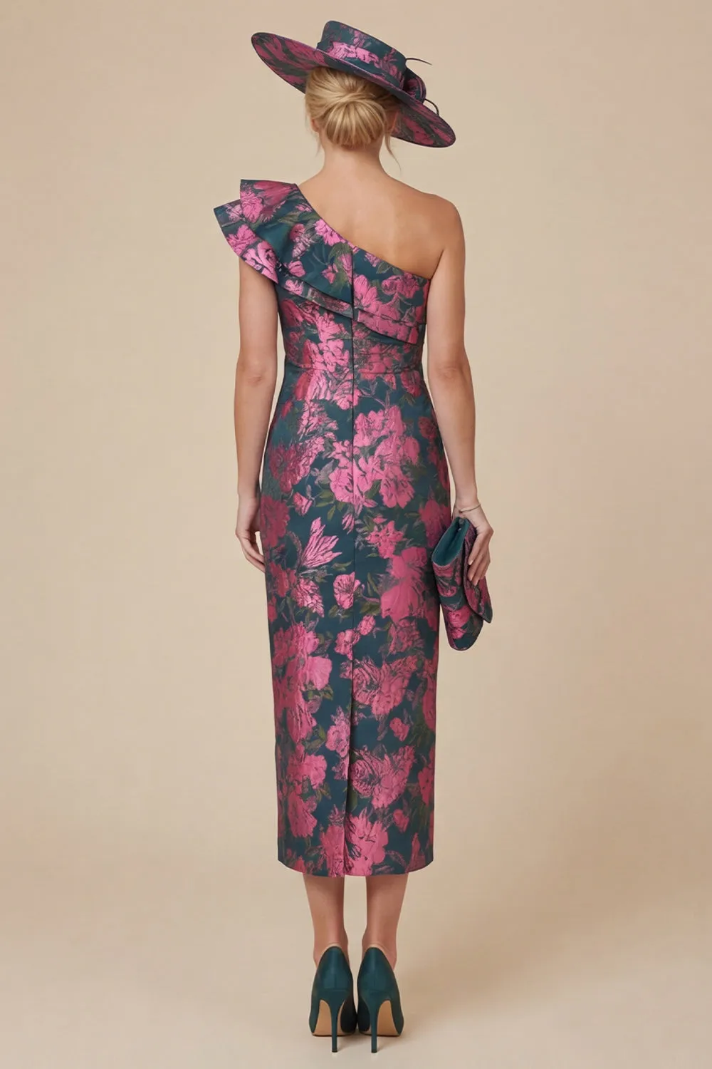 Fuchsia Sheath Floral One Shoulder Ruffled Midi Mother of the Bride Dress sold by Wedtrend product image thumbnail 2