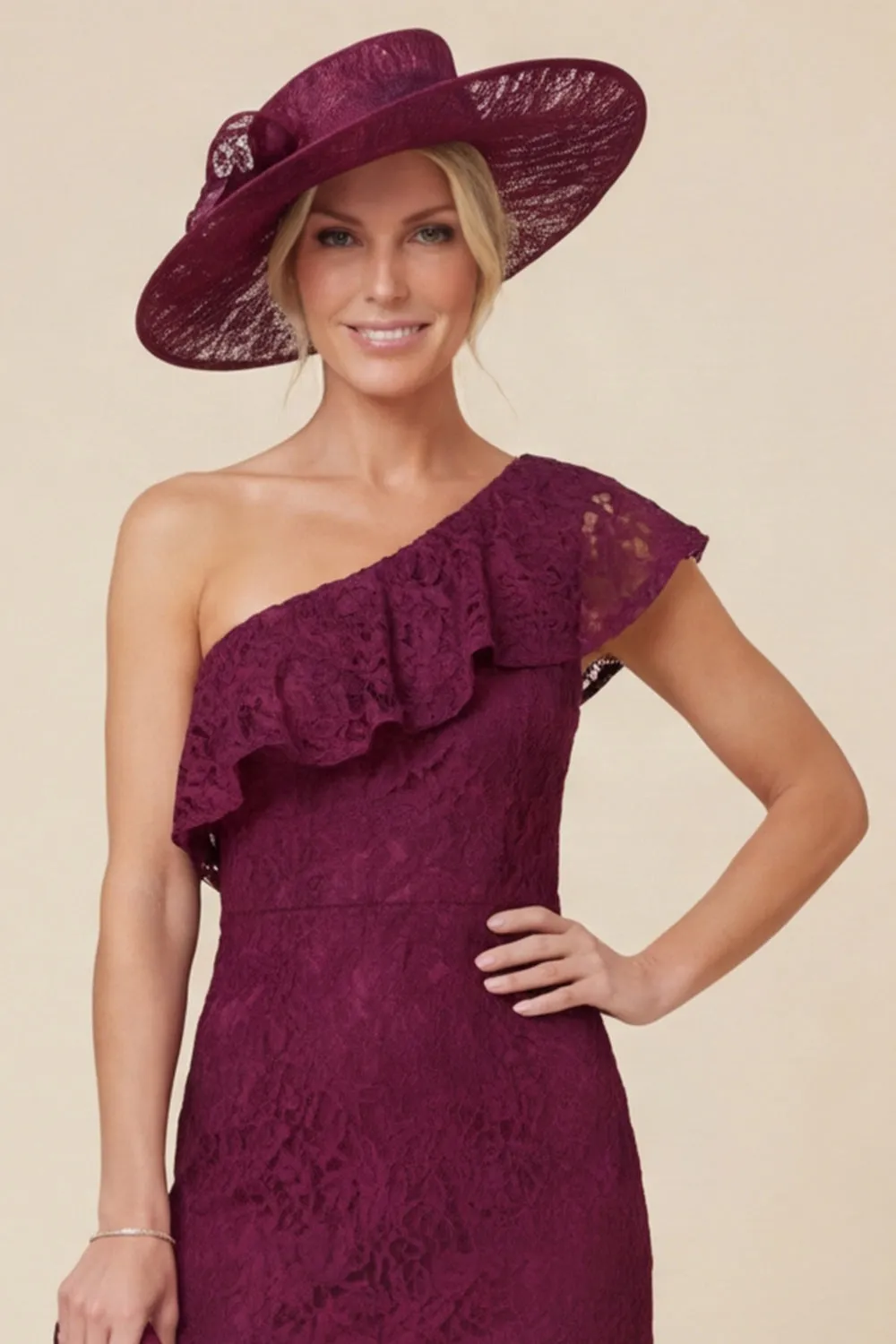 Lace One Shoulder Mermaid Ruffled Burgundy Mother of the Bride Dress sold by Wedtrend product image thumbnail 4