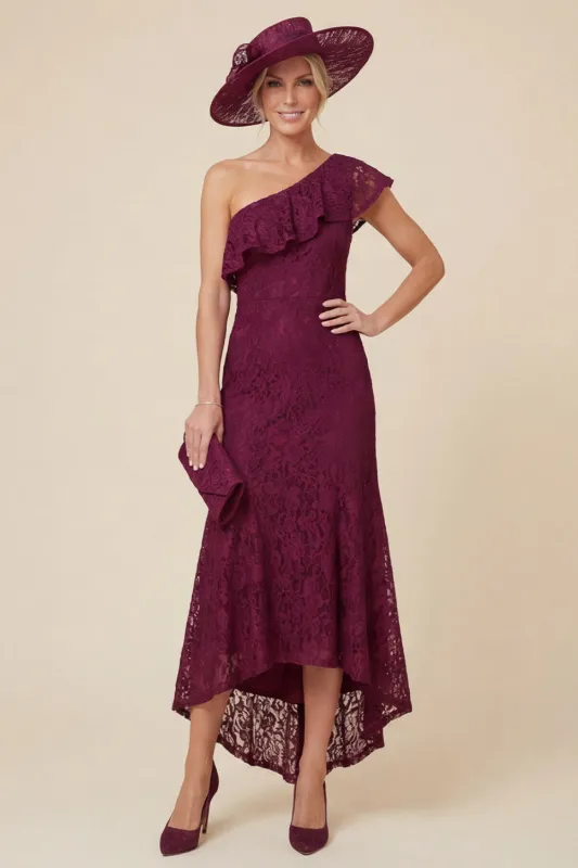 Lace One Shoulder Mermaid Ruffled Burgundy Mother of the Bride Dress made by Wedtrend