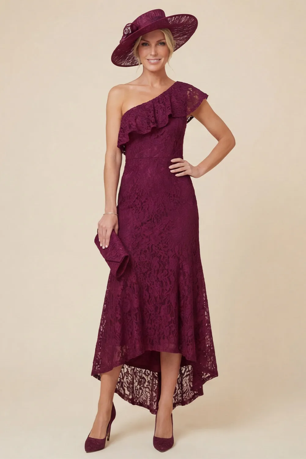 Lace One Shoulder Mermaid Ruffled Burgundy Mother of the Bride Dress sold by Wedtrend