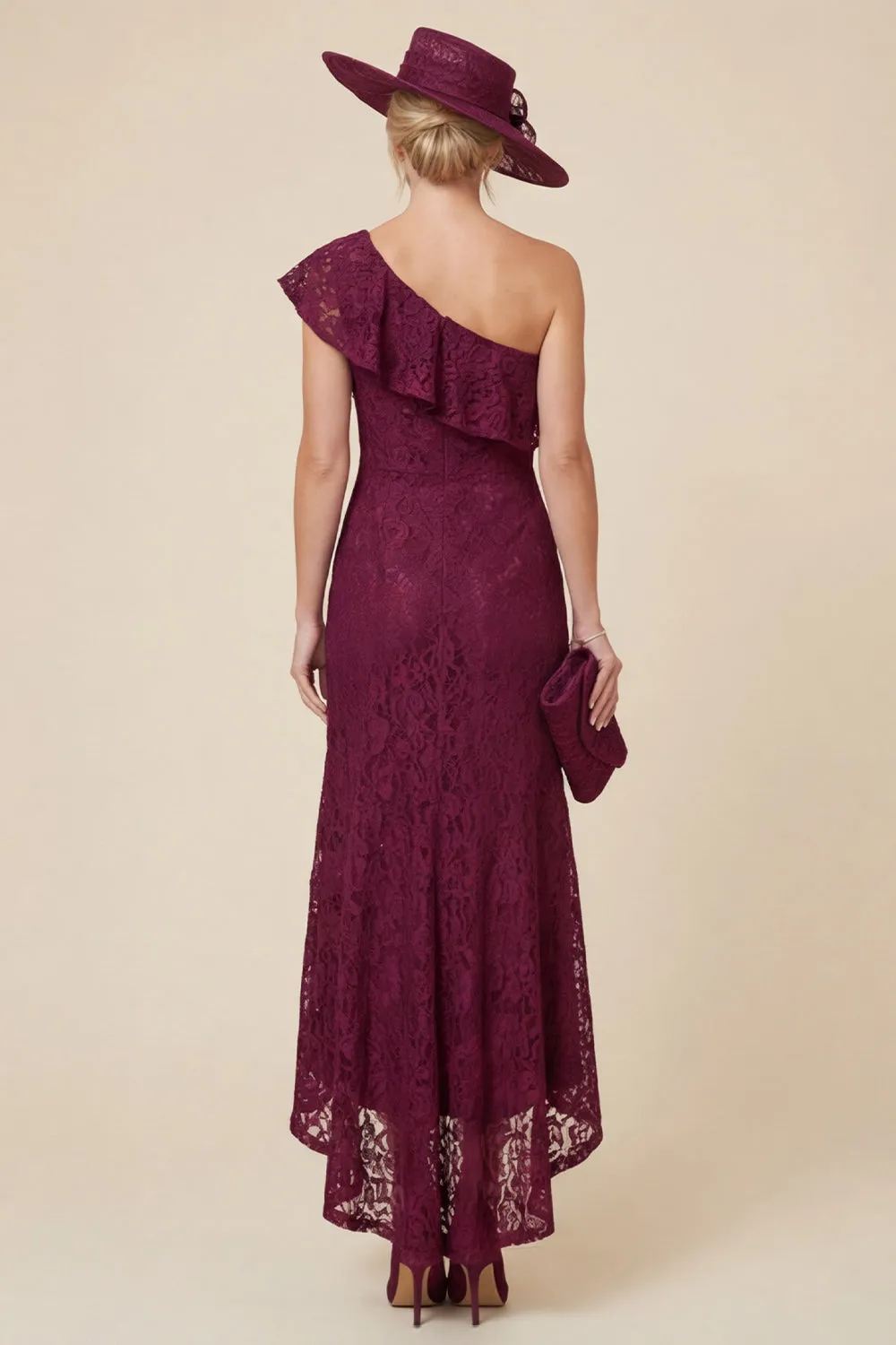 Lace One Shoulder Mermaid Ruffled Burgundy Mother of the Bride Dress sold by Wedtrend product image thumbnail 2