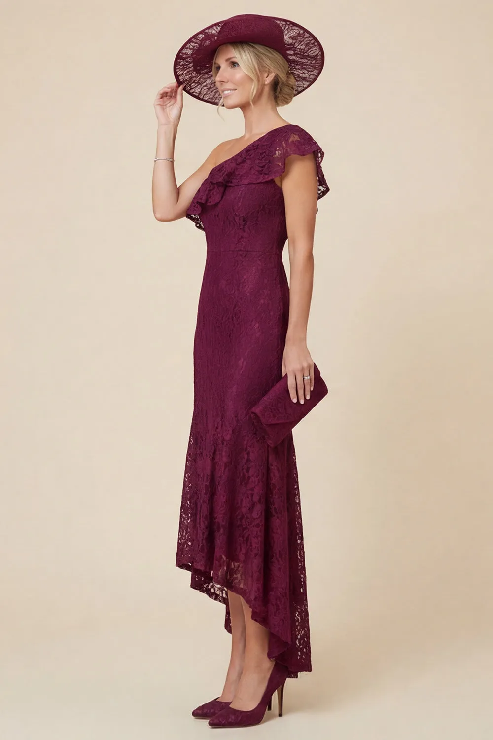 Lace One Shoulder Mermaid Ruffled Burgundy Mother of the Bride Dress sold by Wedtrend product image thumbnail 3