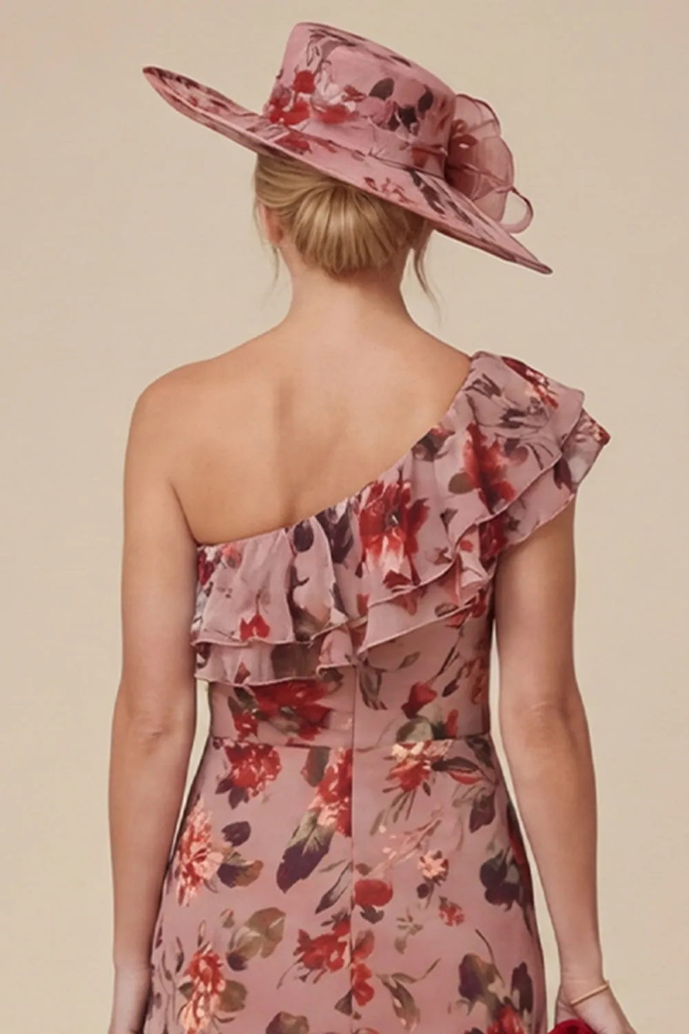 Floral Dusty Rose One Shoulder Ruffled Mother of the Bride Dress with Slit sold by Wedtrend product image thumbnail 5