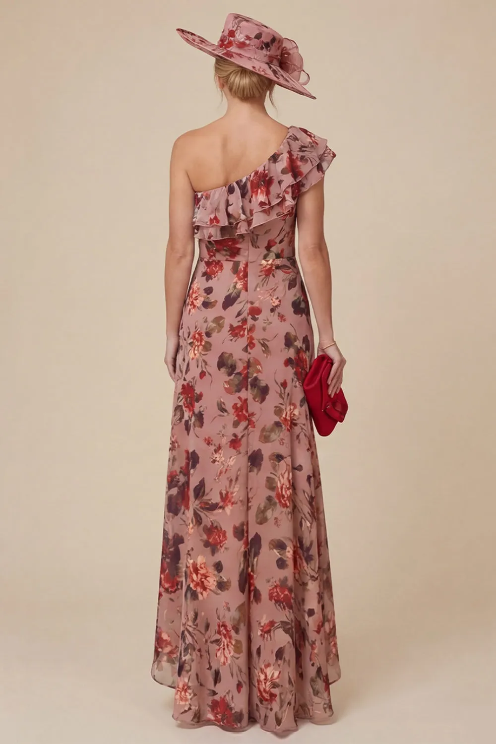 Floral Dusty Rose One Shoulder Ruffled Mother of the Bride Dress with Slit sold by Wedtrend product image thumbnail 2