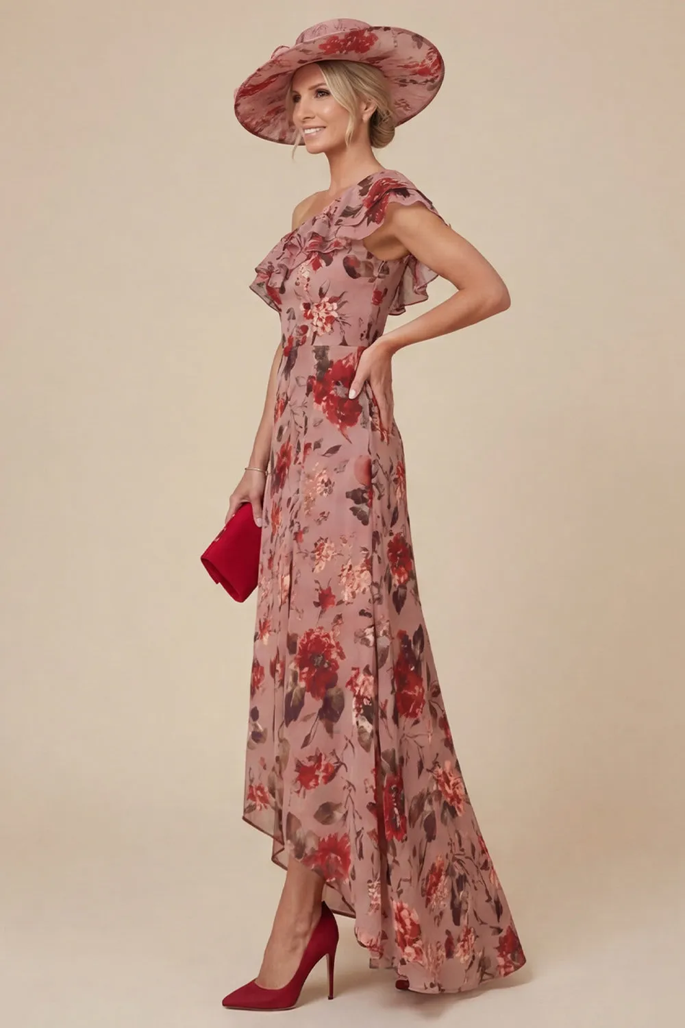 Floral Dusty Rose One Shoulder Ruffled Mother of the Bride Dress with Slit sold by Wedtrend product image thumbnail 3