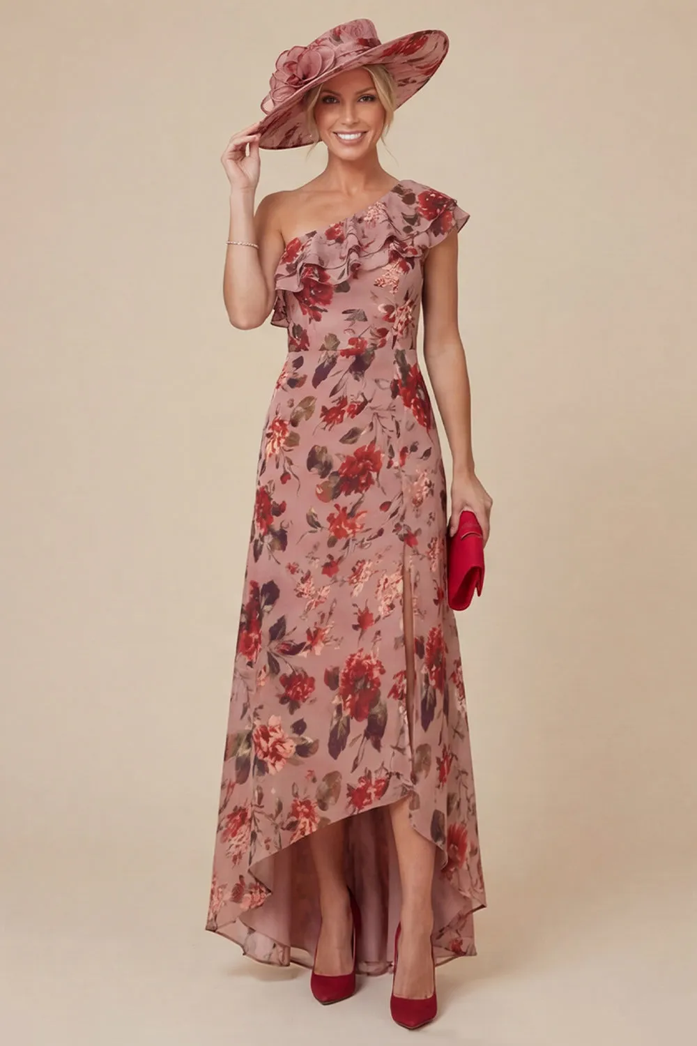 Floral Dusty Rose One Shoulder Ruffled Mother of the Bride Dress with Slit sold by Wedtrend