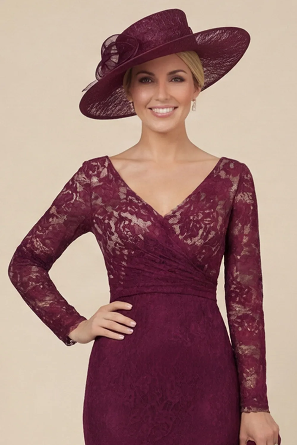 Burgundy Lace V-Neck Mermaid Mother of the Bride Dress with Long Sleeves sold by Wedtrend product image thumbnail 4