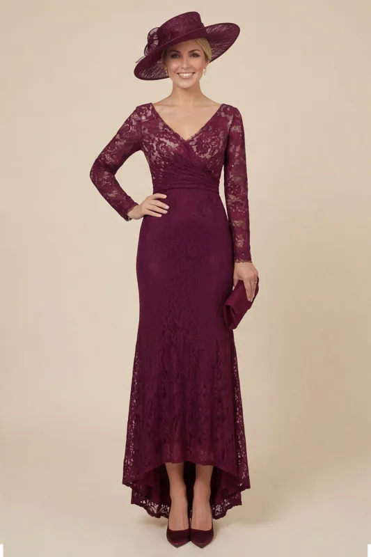 Burgundy Lace V-Neck Mermaid Mother of the Bride Dress with Long Sleeves made by Wedtrend