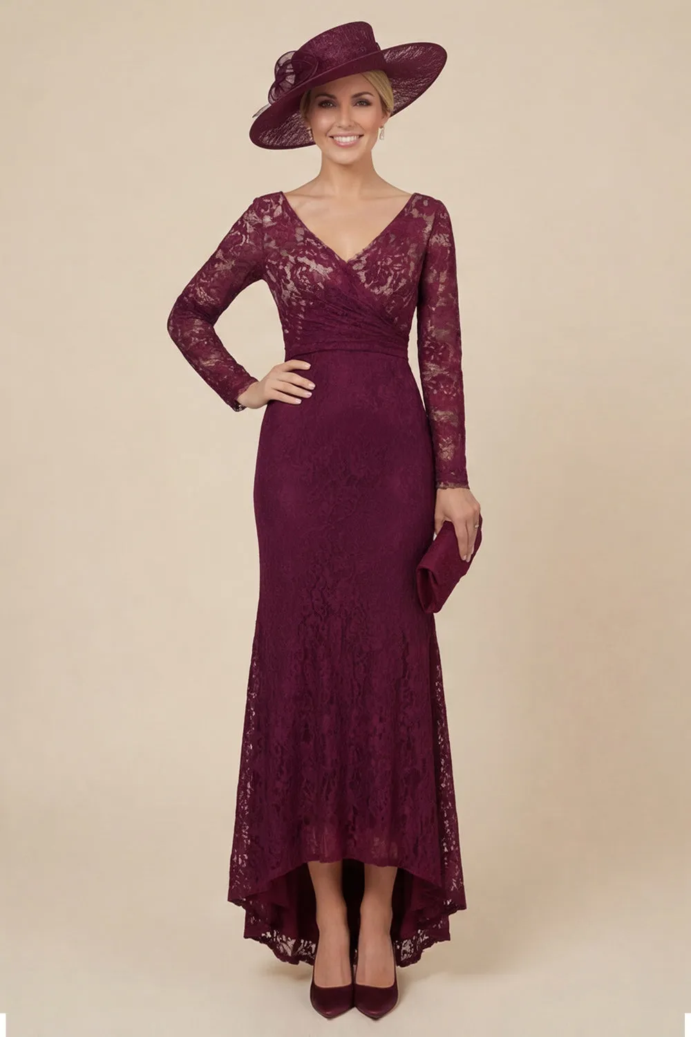 Burgundy Lace V-Neck Mermaid Mother of the Bride Dress with Long Sleeves sold by Wedtrend
