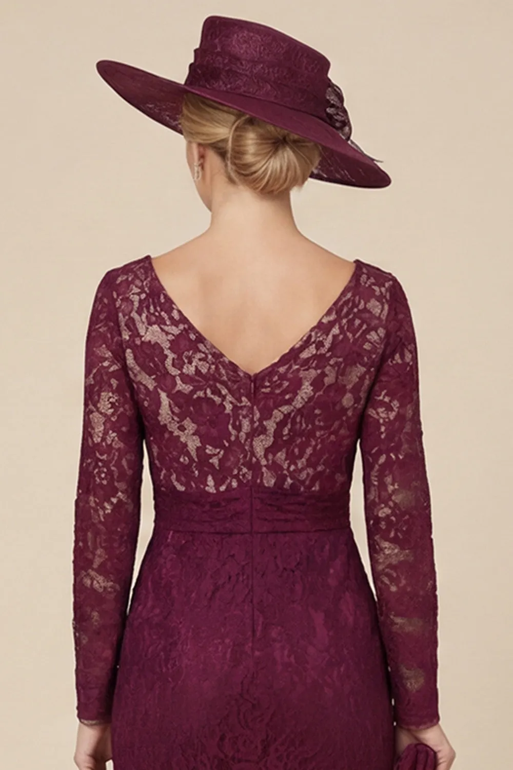 Burgundy Lace V-Neck Mermaid Mother of the Bride Dress with Long Sleeves sold by Wedtrend product image thumbnail 5
