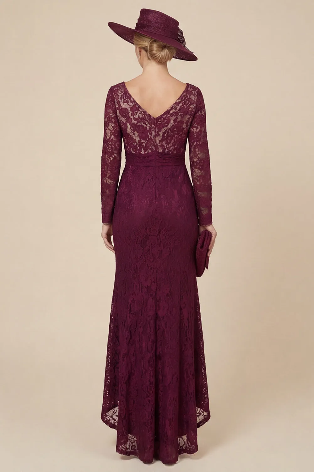 Burgundy Lace V-Neck Mermaid Mother of the Bride Dress with Long Sleeves sold by Wedtrend product image thumbnail 2