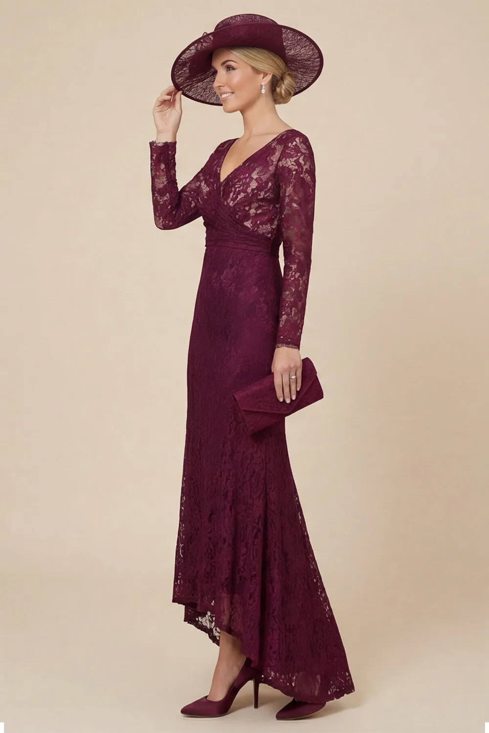 Burgundy Lace V-Neck Mermaid Mother of the Bride Dress with Long Sleeves sold by Wedtrend product image thumbnail 3