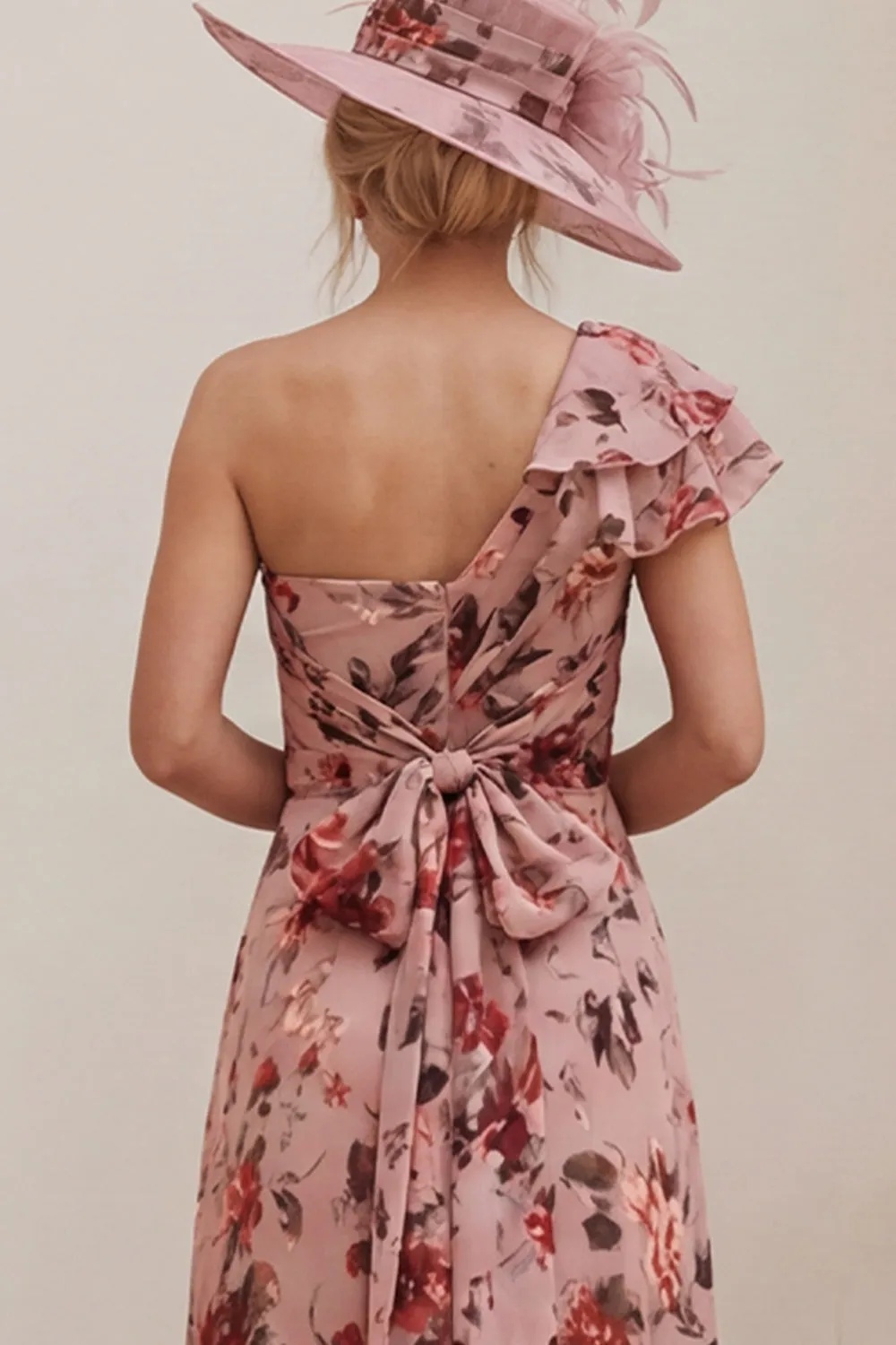 Floral Dusty Rose One Shoulder A Line Ruched Mother of the Bride Dress with Tie Back Bow sold by Wedtrend product image thumbnail 5