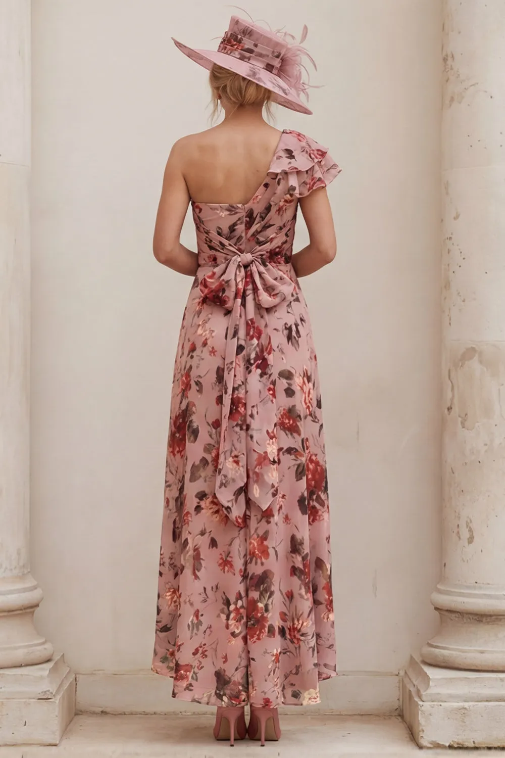Floral Dusty Rose One Shoulder A Line Ruched Mother of the Bride Dress with Tie Back Bow sold by Wedtrend product image thumbnail 2