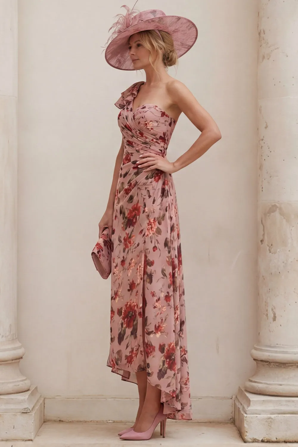 Floral Dusty Rose One Shoulder A Line Ruched Mother of the Bride Dress with Tie Back Bow sold by Wedtrend product image thumbnail 3