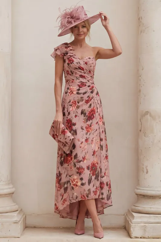 Floral Dusty Rose One Shoulder A Line Ruched Mother of the Bride Dress with Tie Back Bow made by Wedtrend