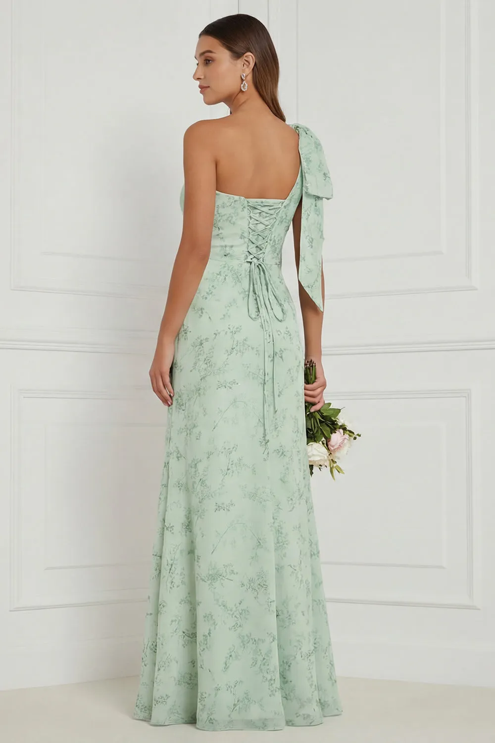 One Shoulder Dusty Sage Floral A Line Long Bridesmaid Dress sold by Wedtrend product image thumbnail 2