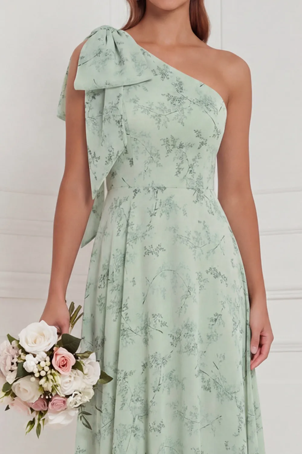 One Shoulder Dusty Sage Floral A Line Long Bridesmaid Dress sold by Wedtrend product image thumbnail 3