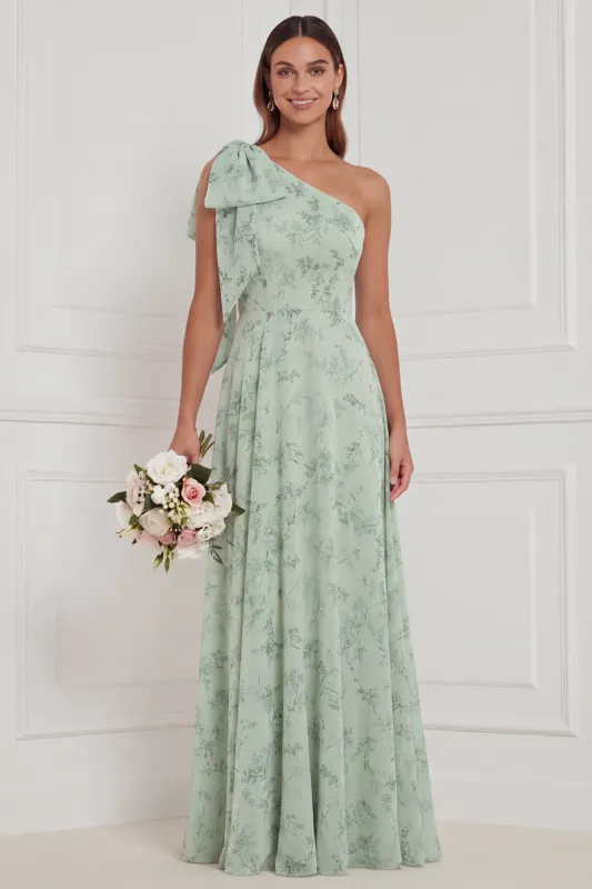 One Shoulder Dusty Sage Floral A Line Long Bridesmaid Dress made by Wedtrend