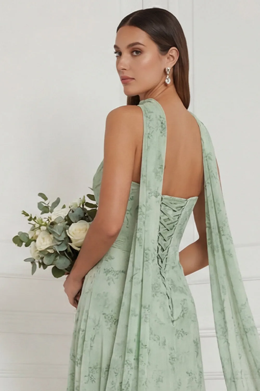 Strapless Floral Dusty Sage Bridesmaid Dress with Scarf sold by Wedtrend product image thumbnail 4