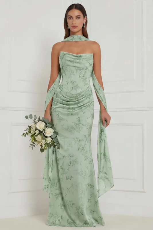 Strapless Floral Dusty Sage Bridesmaid Dress with Scarf made by Wedtrend