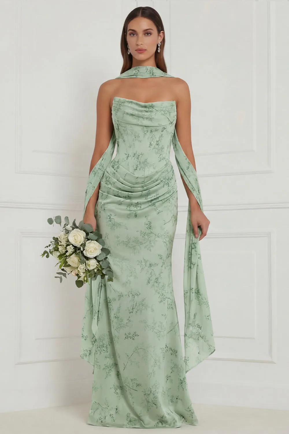 Strapless Floral Dusty Sage Bridesmaid Dress with Scarf sold by Wedtrend