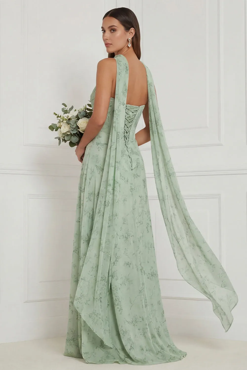 Strapless Floral Dusty Sage Bridesmaid Dress with Scarf sold by Wedtrend product image thumbnail 2