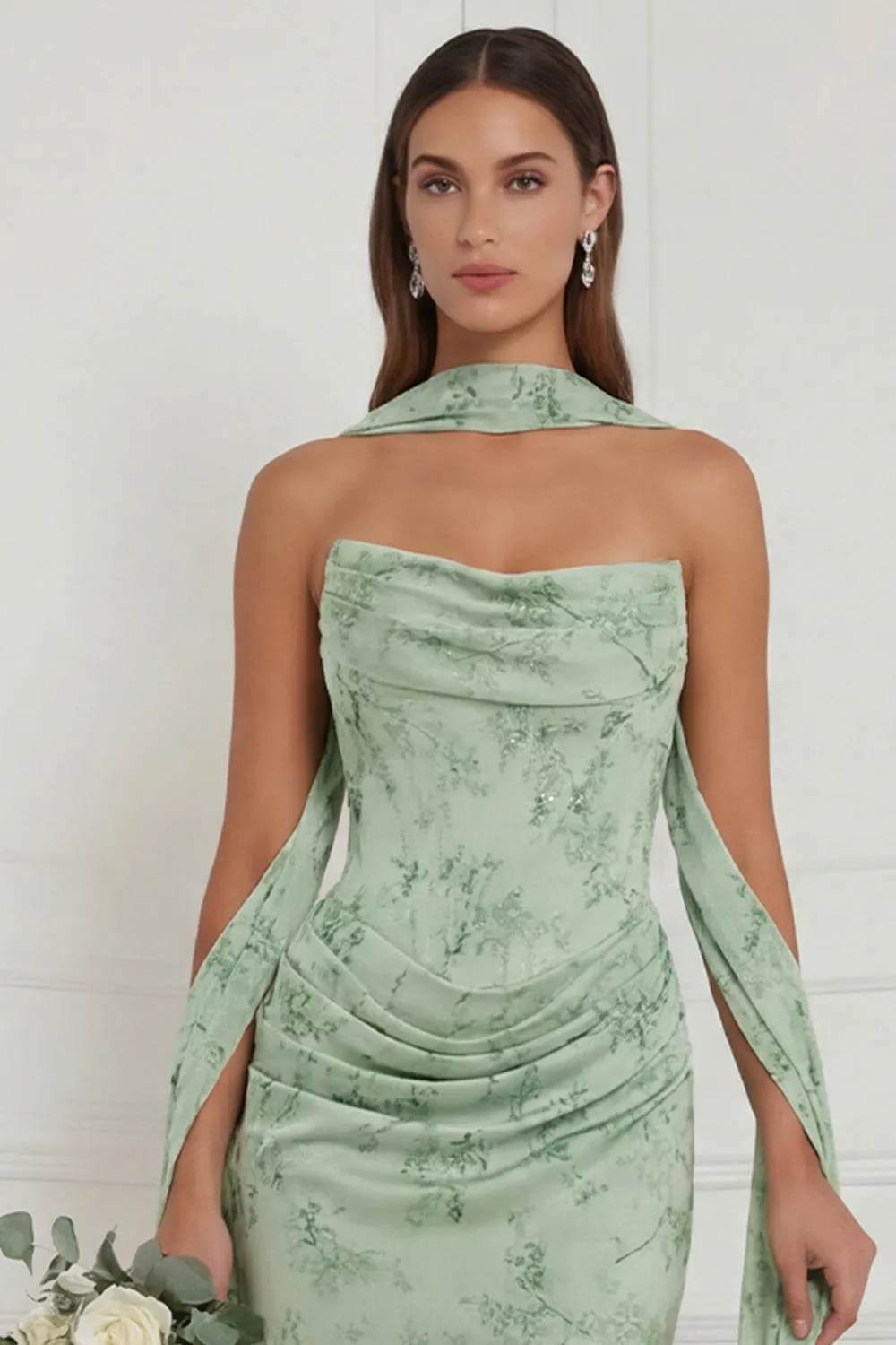 Strapless Floral Dusty Sage Bridesmaid Dress with Scarf sold by Wedtrend product image thumbnail 3