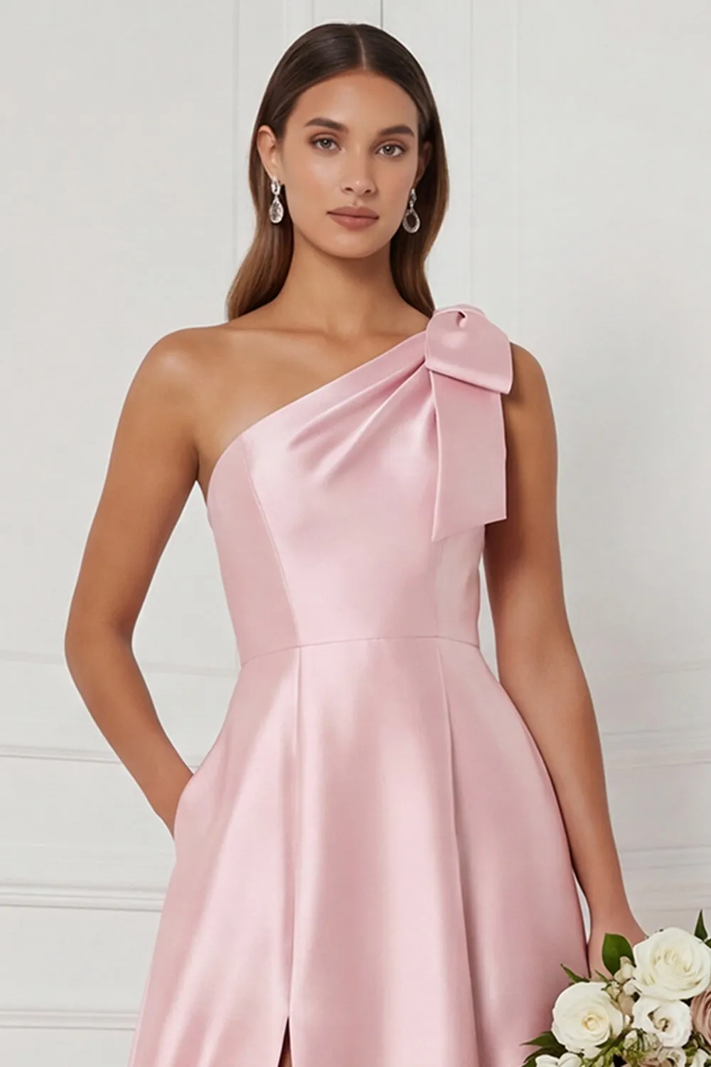 One Shoulder A Line Satin Pink Bridesmaid Dress with Slit sold by Wedtrend product image thumbnail 3