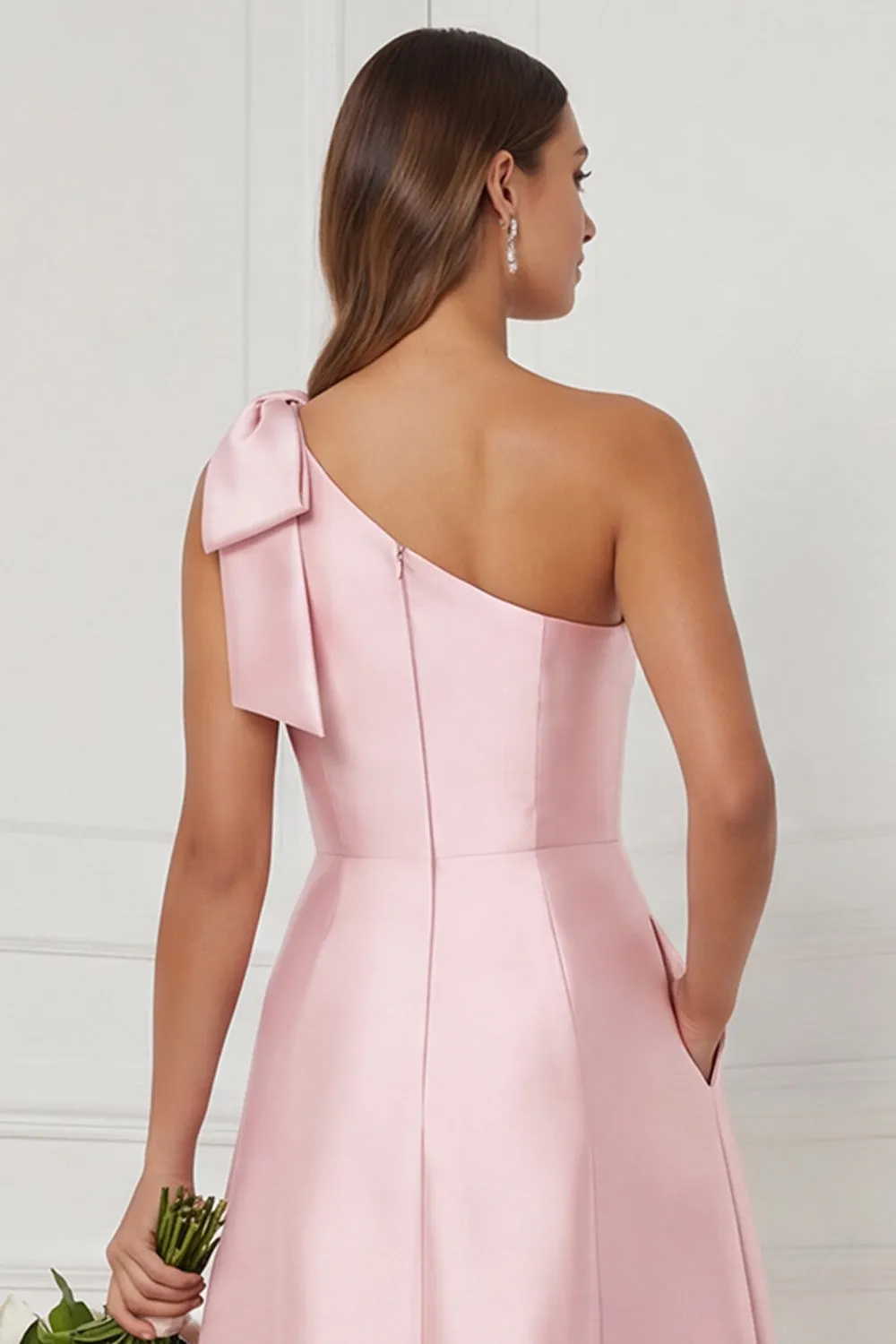 One Shoulder A Line Satin Pink Bridesmaid Dress with Slit sold by Wedtrend product image thumbnail 4