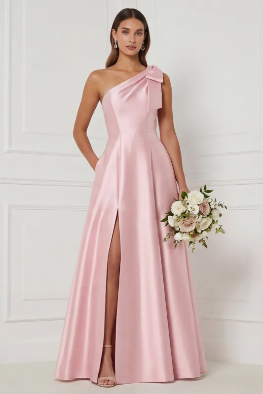 One Shoulder A Line Satin Pink Bridesmaid Dress with Slit made by Wedtrend