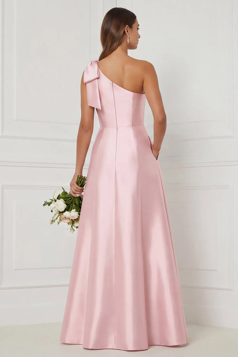 One Shoulder A Line Satin Pink Bridesmaid Dress with Slit sold by Wedtrend product image thumbnail 2