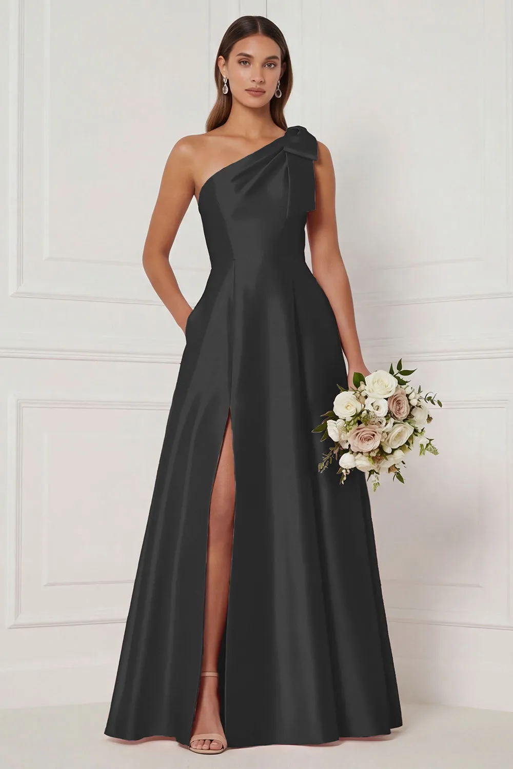 One Shoulder A Line Satin Pink Bridesmaid Dress with Slit sold by Wedtrend product image thumbnail 5