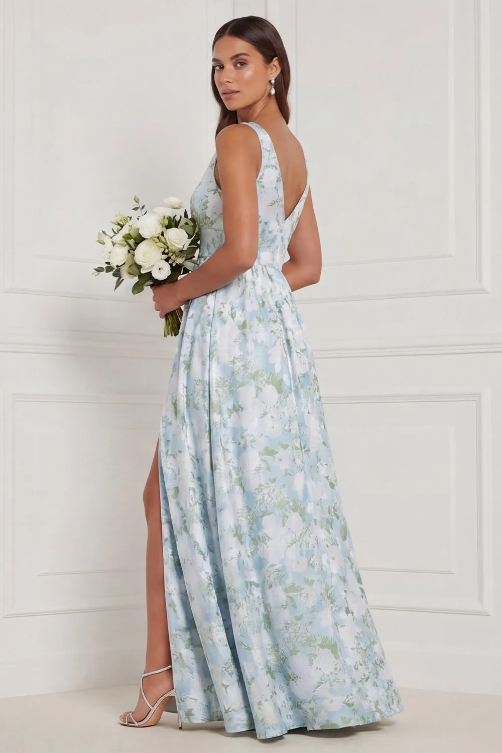 Blue White Flower V Neck A Line Long Bridesmaid Dress with Slit sold by Wedtrend product image thumbnail 2