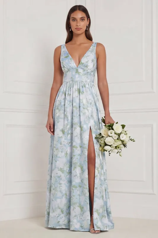 Blue White Flower V Neck A Line Long Bridesmaid Dress with Slit made by Wedtrend