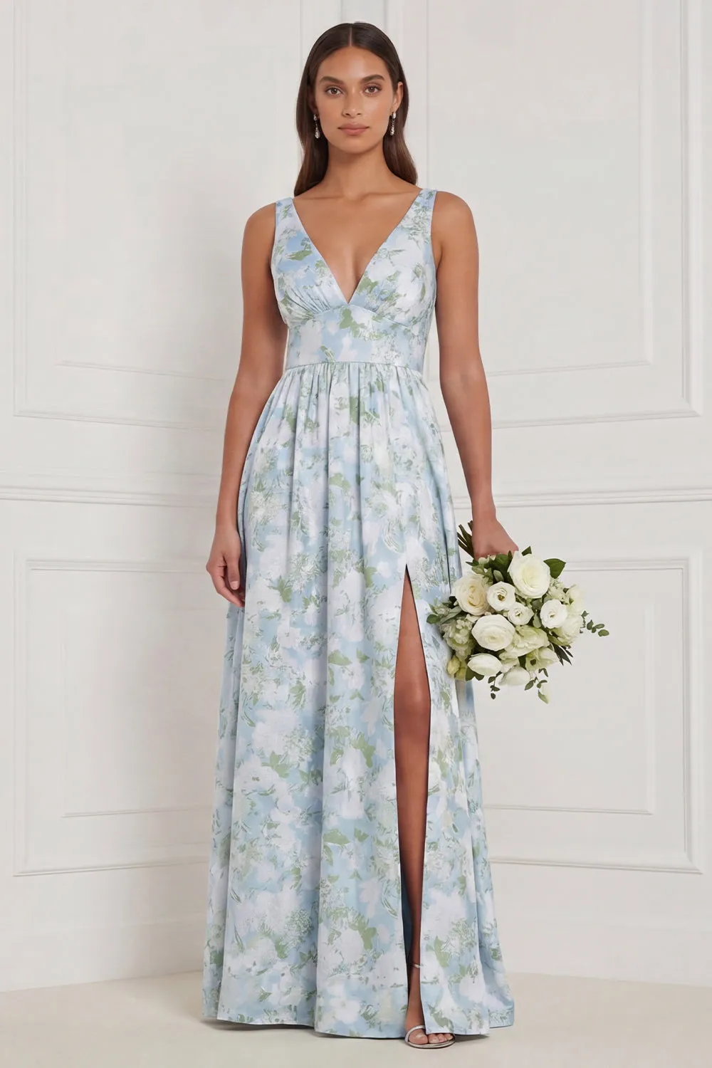 Blue White Flower V Neck A Line Long Bridesmaid Dress with Slit sold by Wedtrend