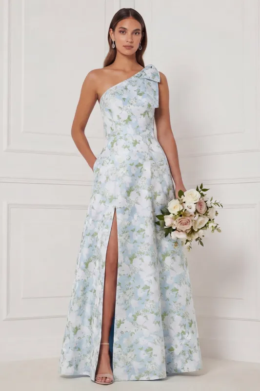 One Shoulder A Line Blue White Flower Bridesmaid Dress with Slit made by Wedtrend