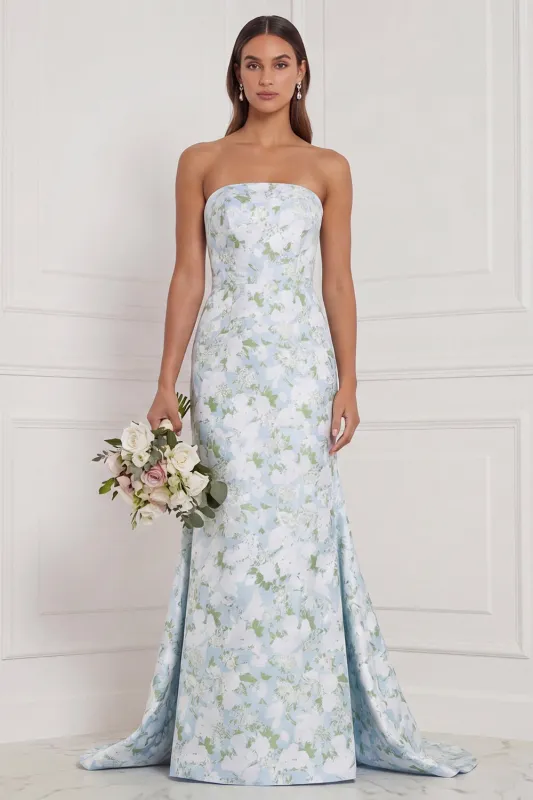 Blue White Flower Strapless Mermaid Bridesmaid Dress with Slit made by Wedtrend