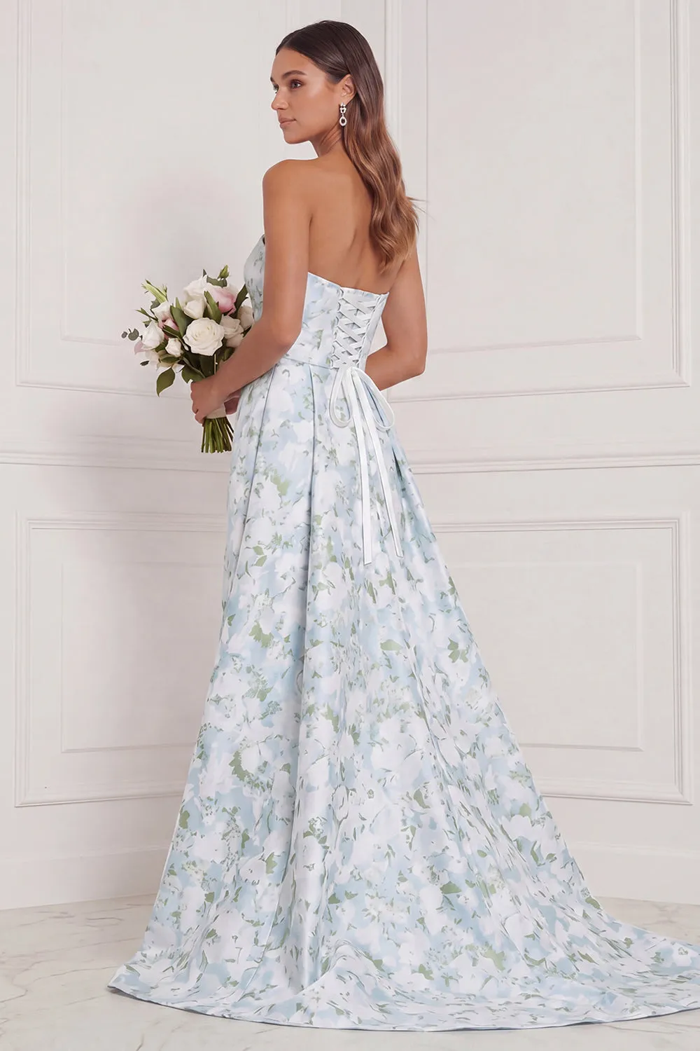 Blue White Flower Strapless Mermaid Bridesmaid Dress with Slit sold by Wedtrend product image thumbnail 2